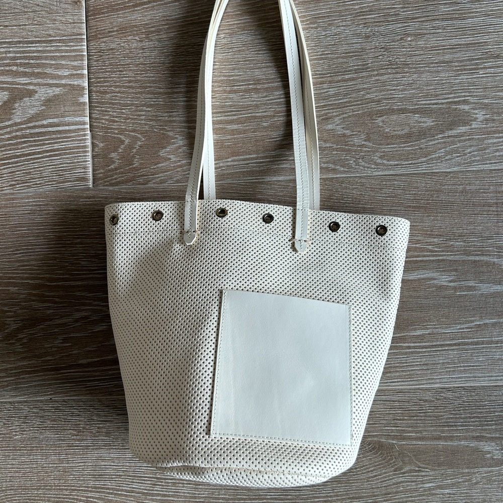 Clare V. Cream Perforated Leather Choupette Bucket Tote Bag